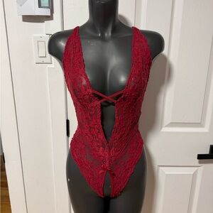 Red Lace Deep V Bodysuit